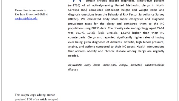 High Rates of Obesity and Chronic Disease Among United Methodist Clergy