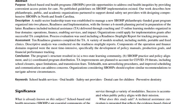 A Technical Assistance Curriculum for Expanding Sustainable School-Based Oral Health Programs in the Carolinas’ Dental Safety Net